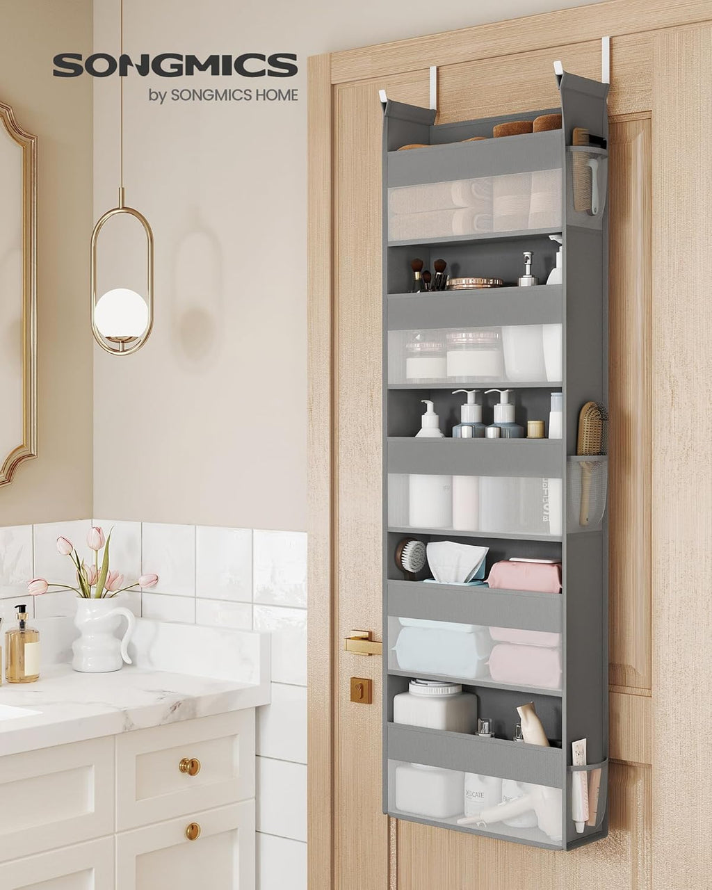 SONGMICS Over The Door Organizers, Set of 2 Hanging Door Organizers with 5 Large Pockets, 5-Tier Fabric Storage, Transparent Nylon Mesh, Foldable, Metal Hooks, with Side Pouches, Dove Gray URDH008G01