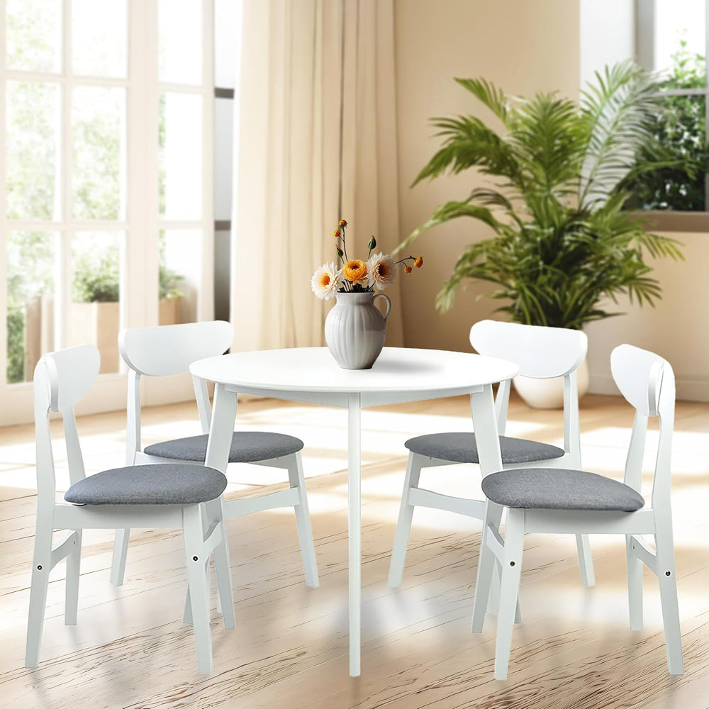 Set of 5 Dining Kitchen Round Table and 4 Yumiko Side Chairs Solid Wood w/Pad...
