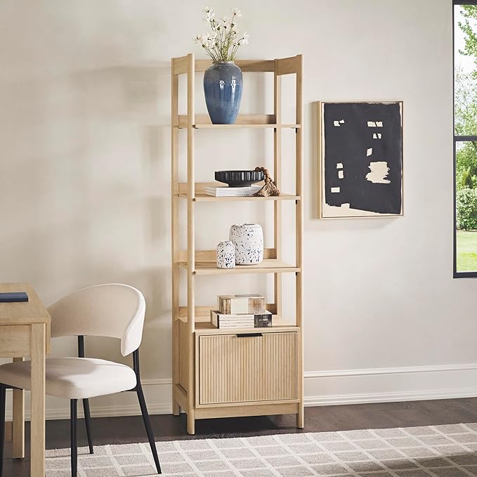 Walker Edison Transitional Reeded Narrow Open Bookshelf with Drawer Home Office Living Room, Bedroom, 4-Shelf Bookcase with Bottom Storage, 22 Inch, Coastal Oak