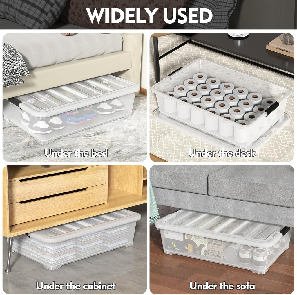 50 Quart Rolling Under Bed Storage Containers, 4-Pack 7.5 Inches Tall Low Profile Underbed Clothes Storage Organizer Bin with Sturdy Wheels, Clear