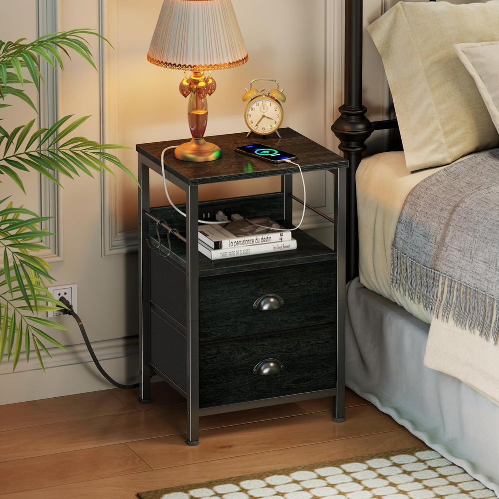 Furologee Nightstand with Charging Station, 2 Fabric Drawers, Black Oak | Nig...