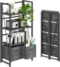 4NM No Assembly Folding Bookshelf Storage Shelves 4 Tiers Vintage Bookcase Standing Racks Study Organizer Home Office (Gray Black)