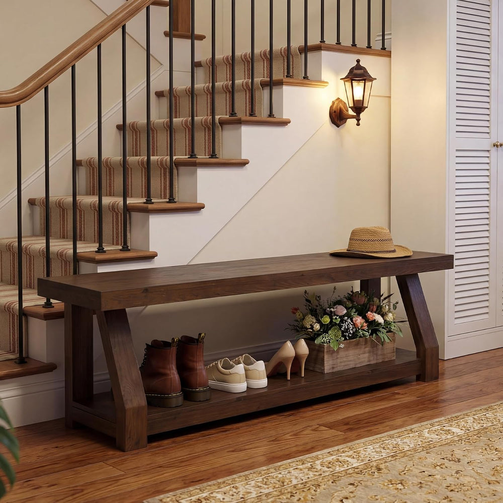 63" Solid Wood Bench, 2-Tier Entryway Bench with Shoe Storage, Rustic Ha...