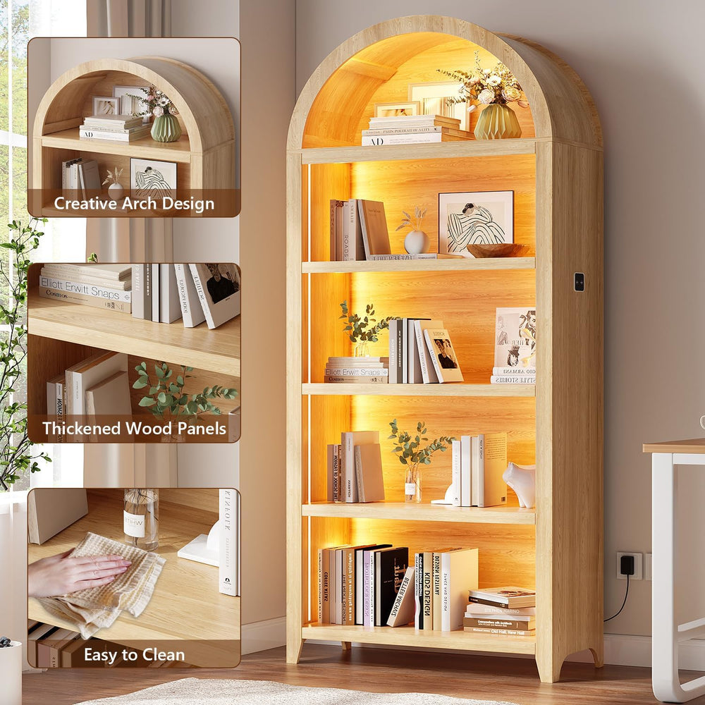 Arched Bookshelf with 5 Tiers and 3-Color LED Sensor Lights - Wood