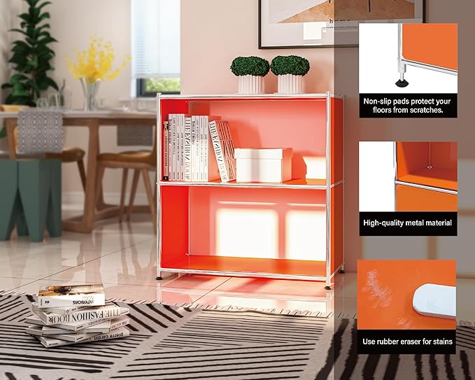 32-Inch 2-Tier Metal Bookcase, Open Shelf Storage Organizer for Living Room, Bedroom, Side Table or Nightstand Use, Modern DIY Assembly, Orange