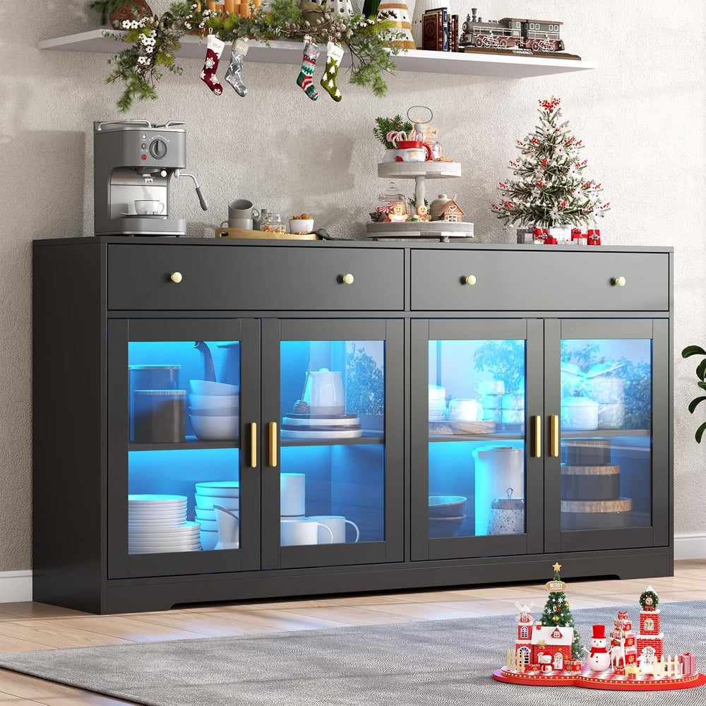 Sideboard Buffet Cabinet with LED Lights, 55.1 Storage Cabinet with 2 Large D...