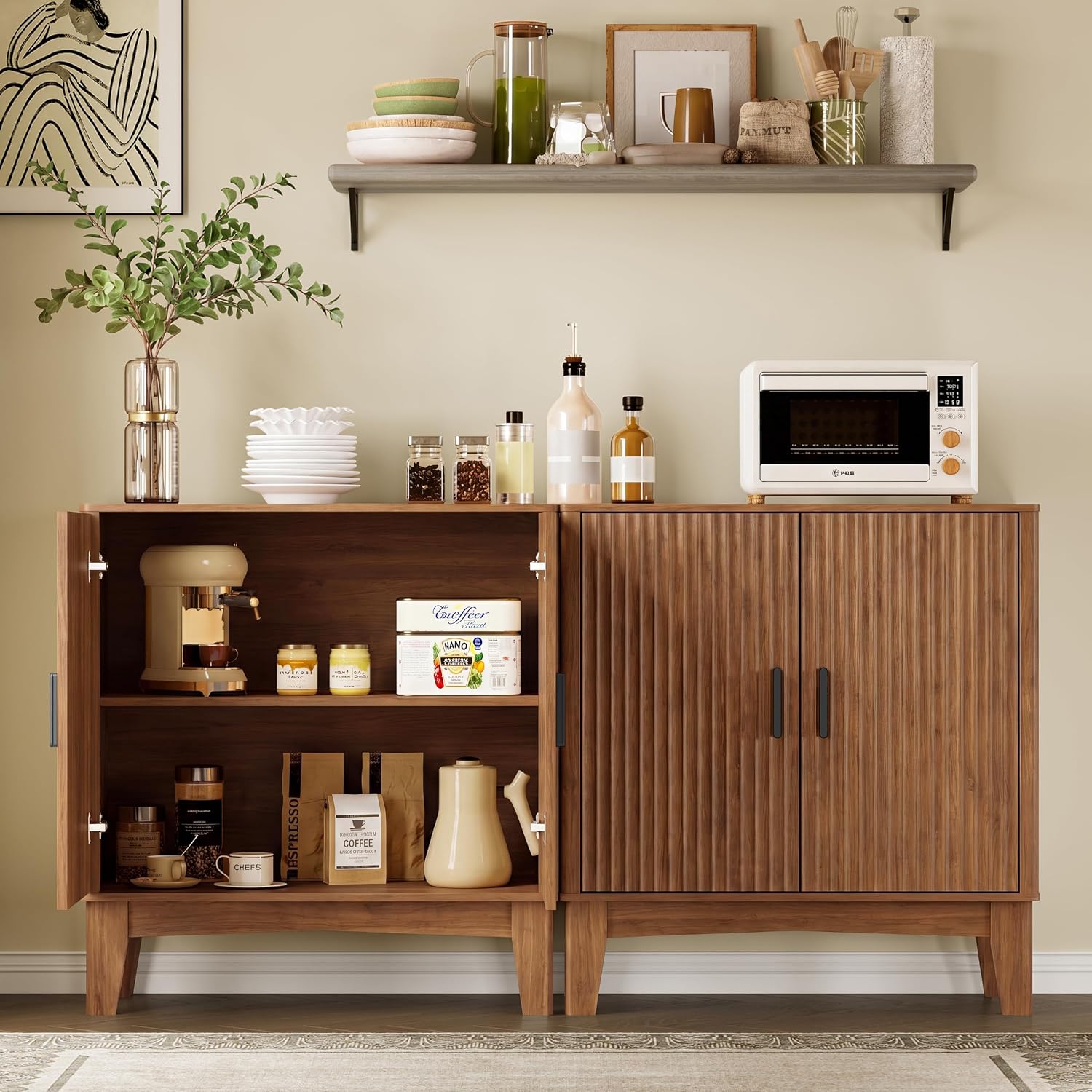 BORNOON Storage Cabinet with Doors and Adjustable Shelf, Modern Fluted Sideboard Buffet Cabinet, Freestanding Coffee Bar for Kitchen, Pantry, Entryway, Living Room