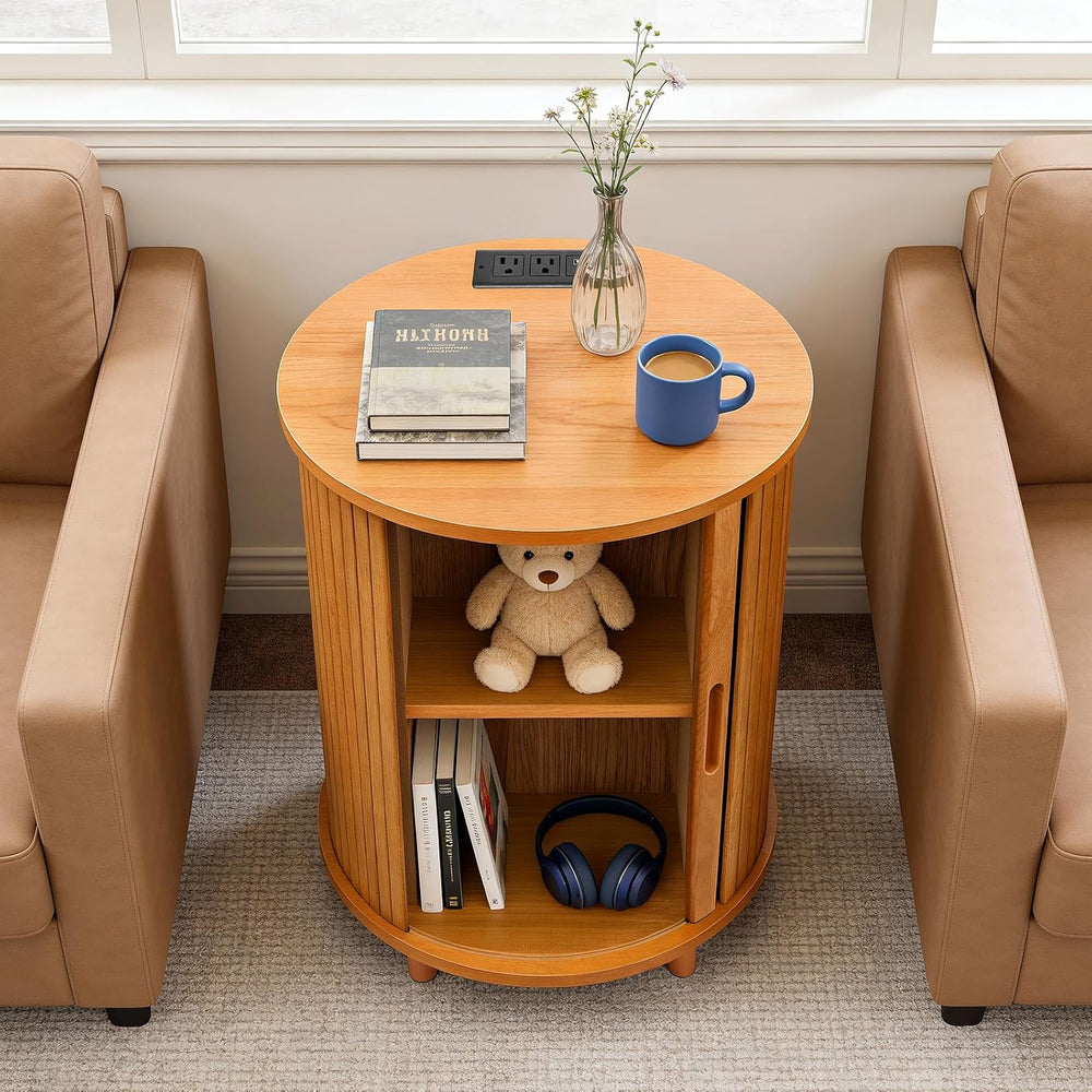DHH Round End Table with Storage & Charging Station, Fluted Accent Side T...