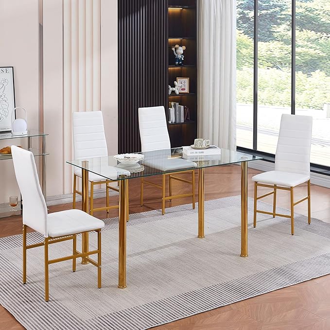 PU Dining Chairs Set of 4, Modern Kitchen & Dining Room Chairs Faux Leather Upholstered Dinner Chairs with Metal Legs for Small Space (Gold, Crossbar)