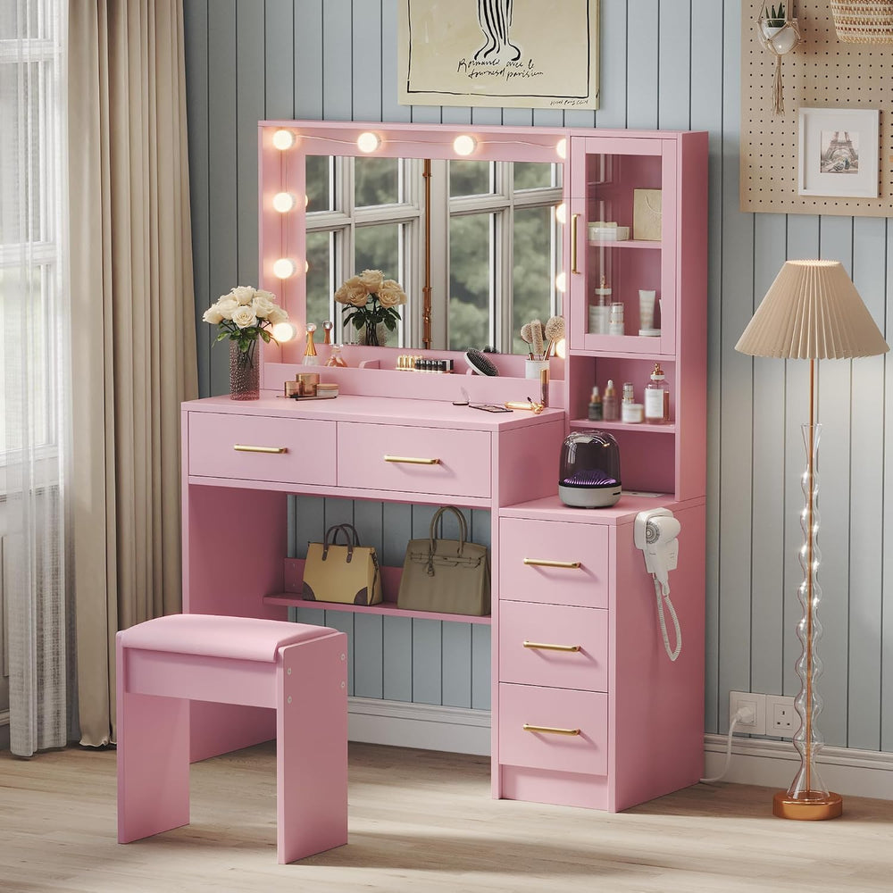 Makeup Vanity with Lights & Charging Station, Pink Vanity Table with 5 Dr...