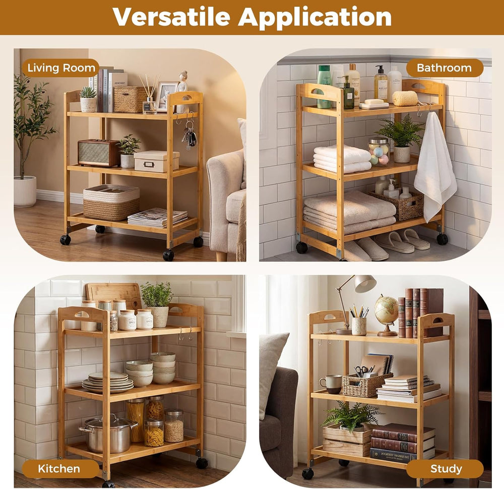 Giantex 3-Tier Rolling Storage Cart, Bamboo Utility Cart w/ 3 Side Hooks &amp...