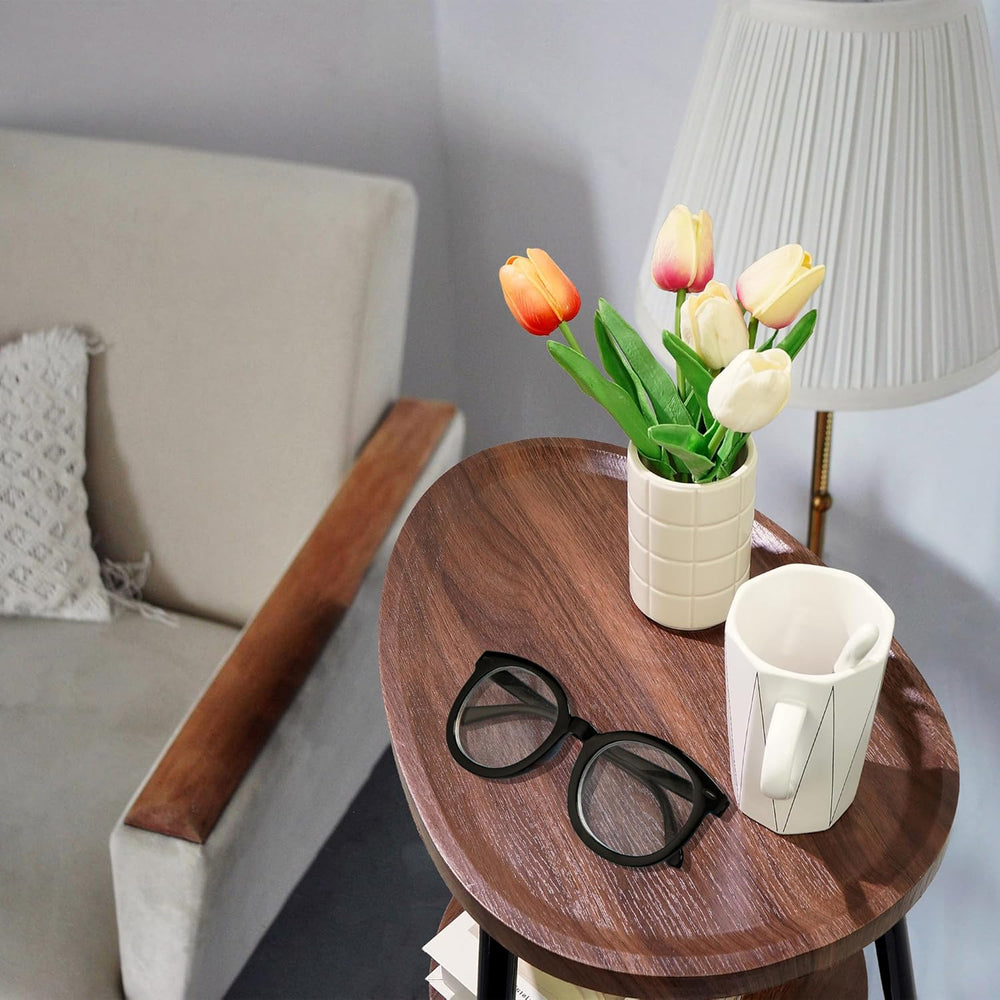 Side Table Small End Table, Oval Round Wood Sofa Table, 2 Tier Accent Table N...