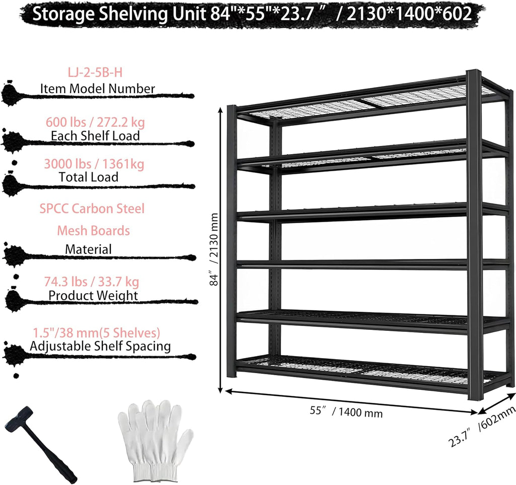 Storage Shelving Unit Heavy Duty Garage Shelves Metal Organizer Utility Rack for Kitchen Pantry Basement Pantry Warehouse Laundry Black 5-Tier 84" H x 55" W x 23.7" D 3000LBS