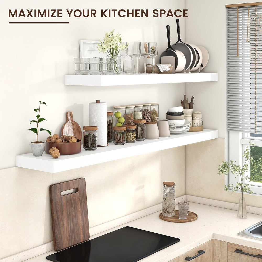 55 Inch Floating Shelves for Wall, 12"D Wood Storage Shelves, White Finish