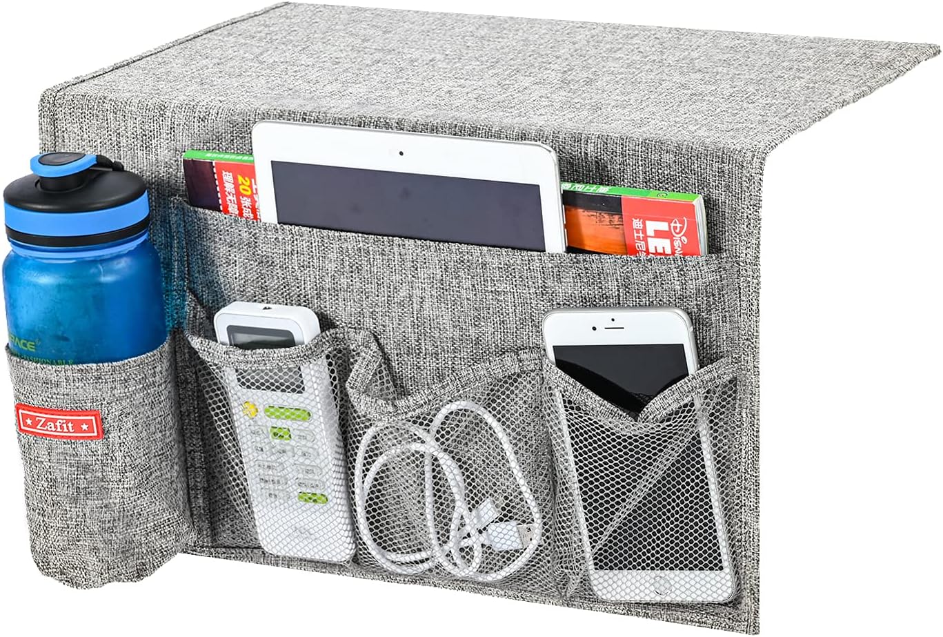 Linen 5 Pockets Bedside Caddy, Bedside Storage Organizer with Water Bottle Holder for Magazine, Remotes, Phone (Grey)