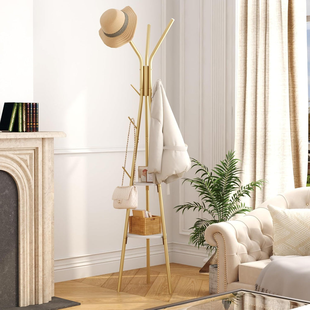 HOMEFORT Coat Rack, Coat Hanger Stand with 2 Shelves, Freestanding Hall Tree, Metal Hat Hanger with 12 Hooks for Clothes Hats and Scarves (Gold)