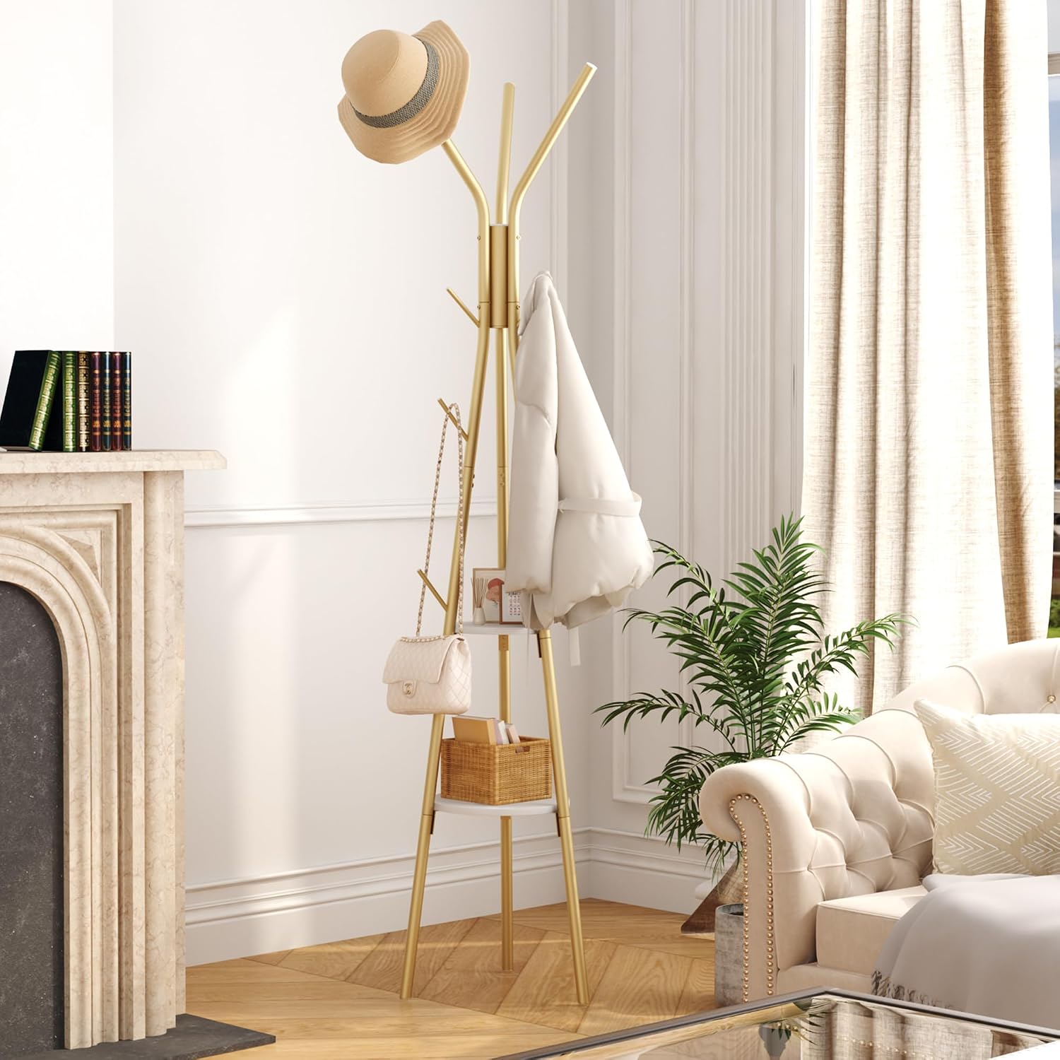 HOMEFORT Coat Rack, Coat Hanger Stand with 2 Shelves, Freestanding Hall Tree, Metal Hat Hanger with 12 Hooks for Clothes Hats and Scarves (Gold)