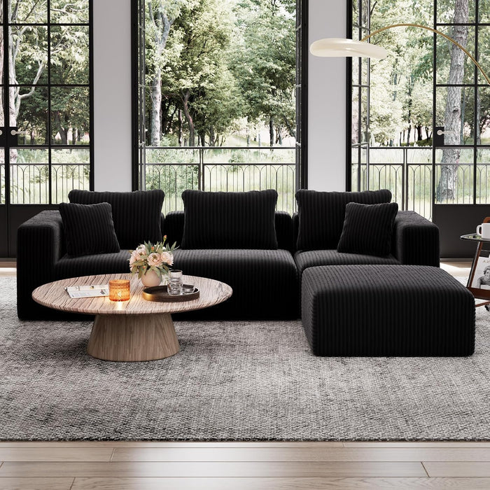 Avenco 106-inch L-Shaped Modular Sectional Sofa Couch with Ottoman | Individually Wrapped Coil Support & Corduroy Fabric, Zero Assembly 4-piece Set for Living Room, Black