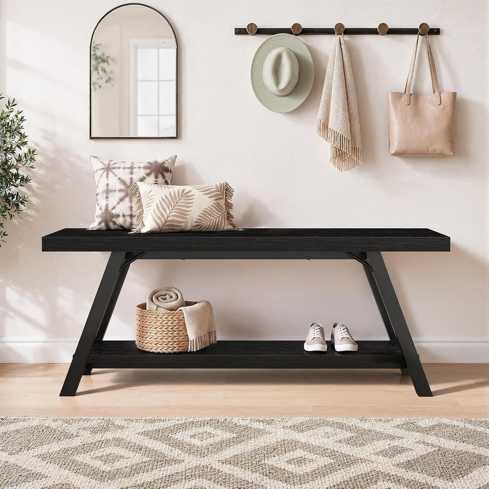 LVB Black Entryway Bench with Storage, Wood Bench for Entryway, 47 in
