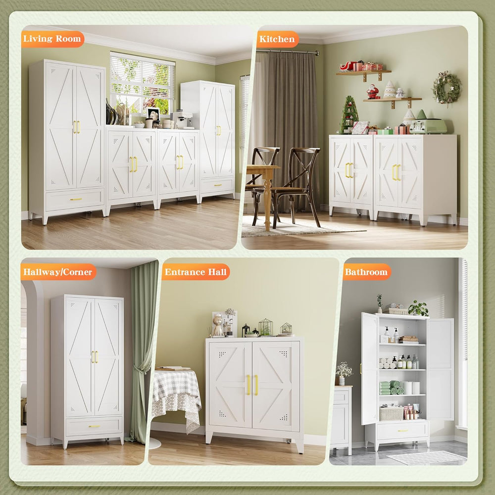 Short Storage Cabinet with 2 Doors and Adjustable Shelves, Metal Pantry Cabin...