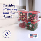 HOMZ 4-Pack Holiday Tote, Plastic Storage Organizer Bins with Lids, 31 Quart, Clear/Red - Stackable Organizing Containers for Home, Garage, and Office