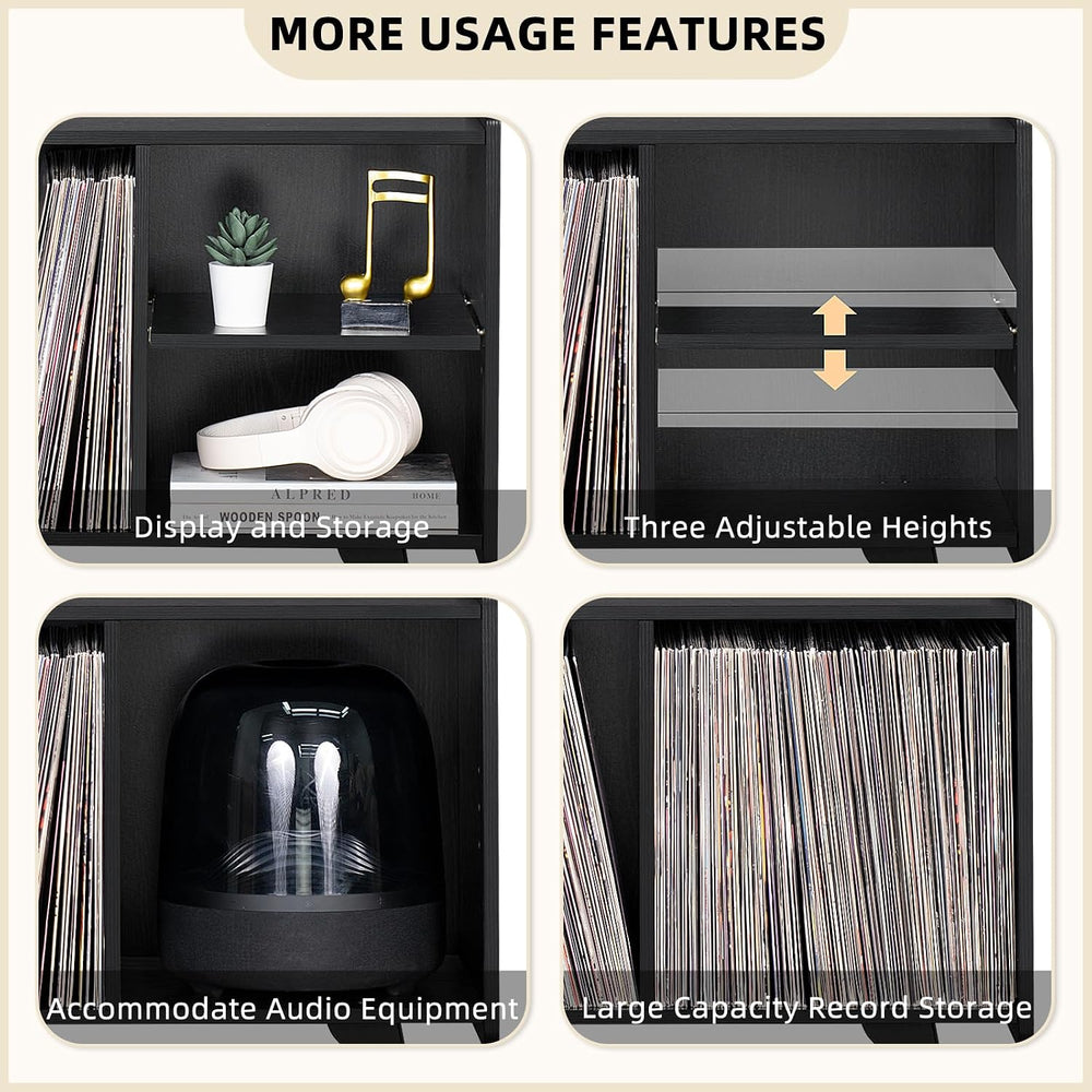 LELELINKY Record Player Stand, Black Vinyl Record Storage Table, 4 Cabinet | ...