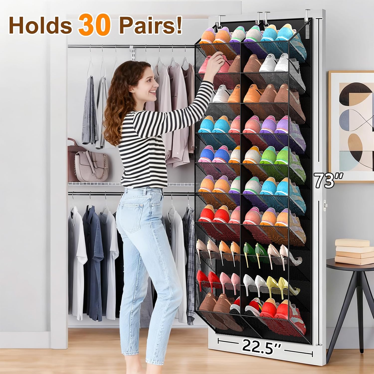 Over the Door Shoe Organizer for 20-30 Pairs, 10-Tier, Black