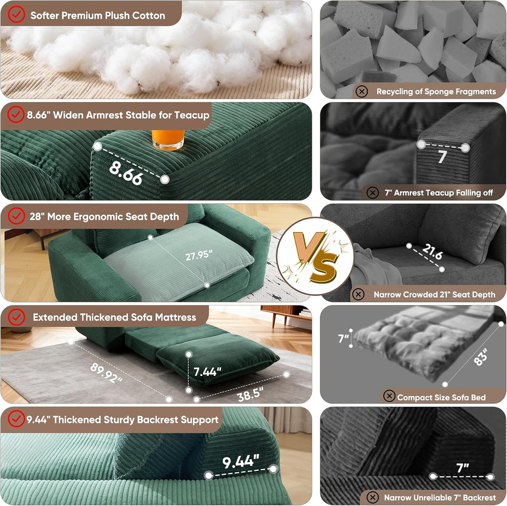 58" Sofa Bed with Ottoman, 3 in 1 Convertible Sofa Bed Folding Corduroy Boneless Sleeper Loveseat Mattress Futon Pull Out Couch Bed for Apartment Bedroom Living Room No Assembly 58-Green-L