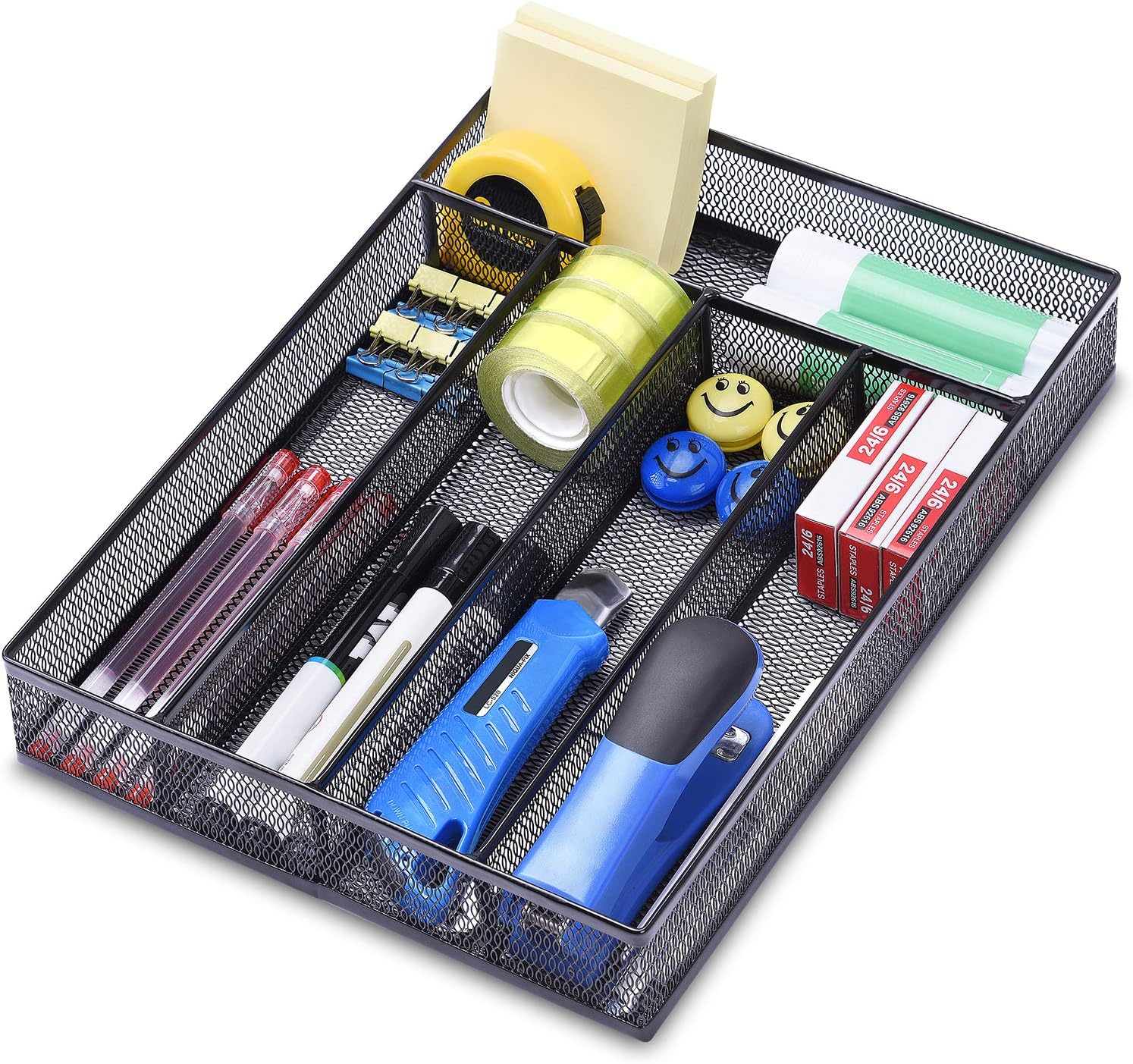 WuGeShop Office Desk Drawer Organizer, 5 Compartments Mesh Drawer Organizer Tray for Storage Art Supplies, Stationery, Black
