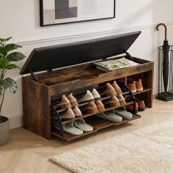 Shoe Storage Bench with a Flip Drawer, Entryway Bench with Removable Cushion, Hallway & Mudroom Organizer with Seat, Front Door Shoe Rack Cabinet, Brown
