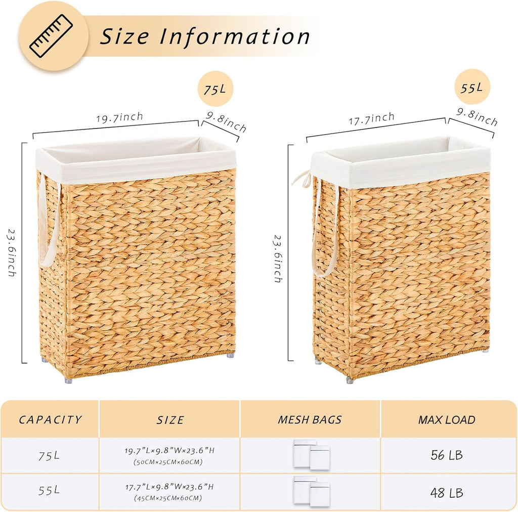 Handwoven Slim Laundry Hamper, 55L Narrow Laundry Basket, Natural Water Hyacinth Basket and Handles and Removable Liner Bag & 2 Mesh Bags (Natural, 55L)