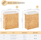 Handwoven Slim Laundry Hamper, 55L Narrow Laundry Basket, Natural Water Hyacinth Basket and Handles and Removable Liner Bag & 2 Mesh Bags (Natural, 55L)