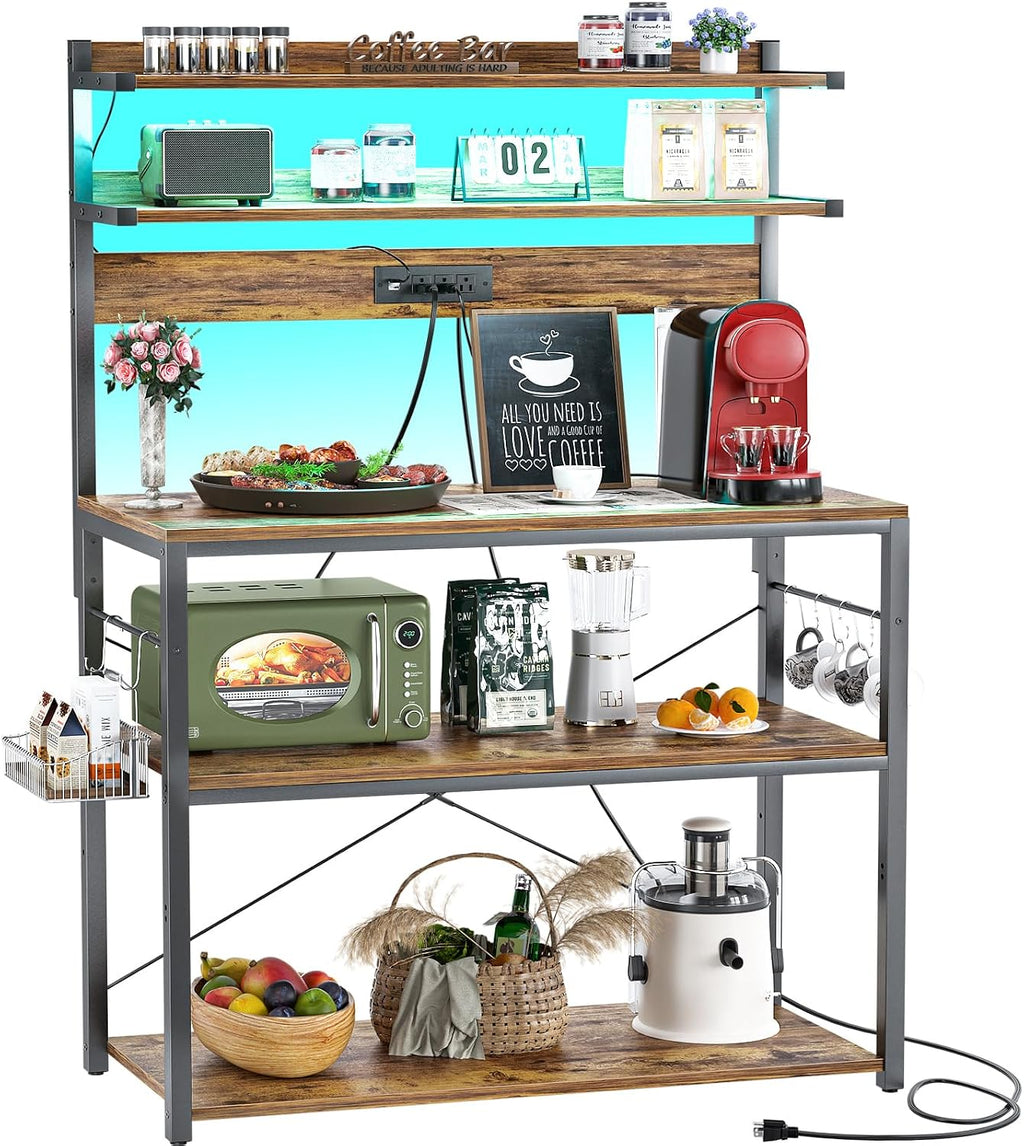 Aheaplus Bakers Rack with Power Outlet, Microwave Stand, 5 Tiers Coffee Bar Station with Led Lights, Kitchen Storage Shelf with 6 S-shaped Hooks, Kitchen Rack Coffee Bar Stand, Rustic Brown