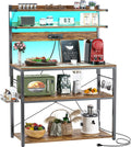 Aheaplus Bakers Rack with Power Outlet, Microwave Stand, 5 Tiers Coffee Bar Station with Led Lights, Kitchen Storage Shelf with 6 S-shaped Hooks, Kitchen Rack Coffee Bar Stand, Rustic Brown