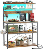 Aheaplus Bakers Rack with Power Outlet, Microwave Stand, 5 Tiers Coffee Bar Station with Led Lights, Kitchen Storage Shelf with 6 S-shaped Hooks, Kitchen Rack Coffee Bar Stand, Rustic Brown