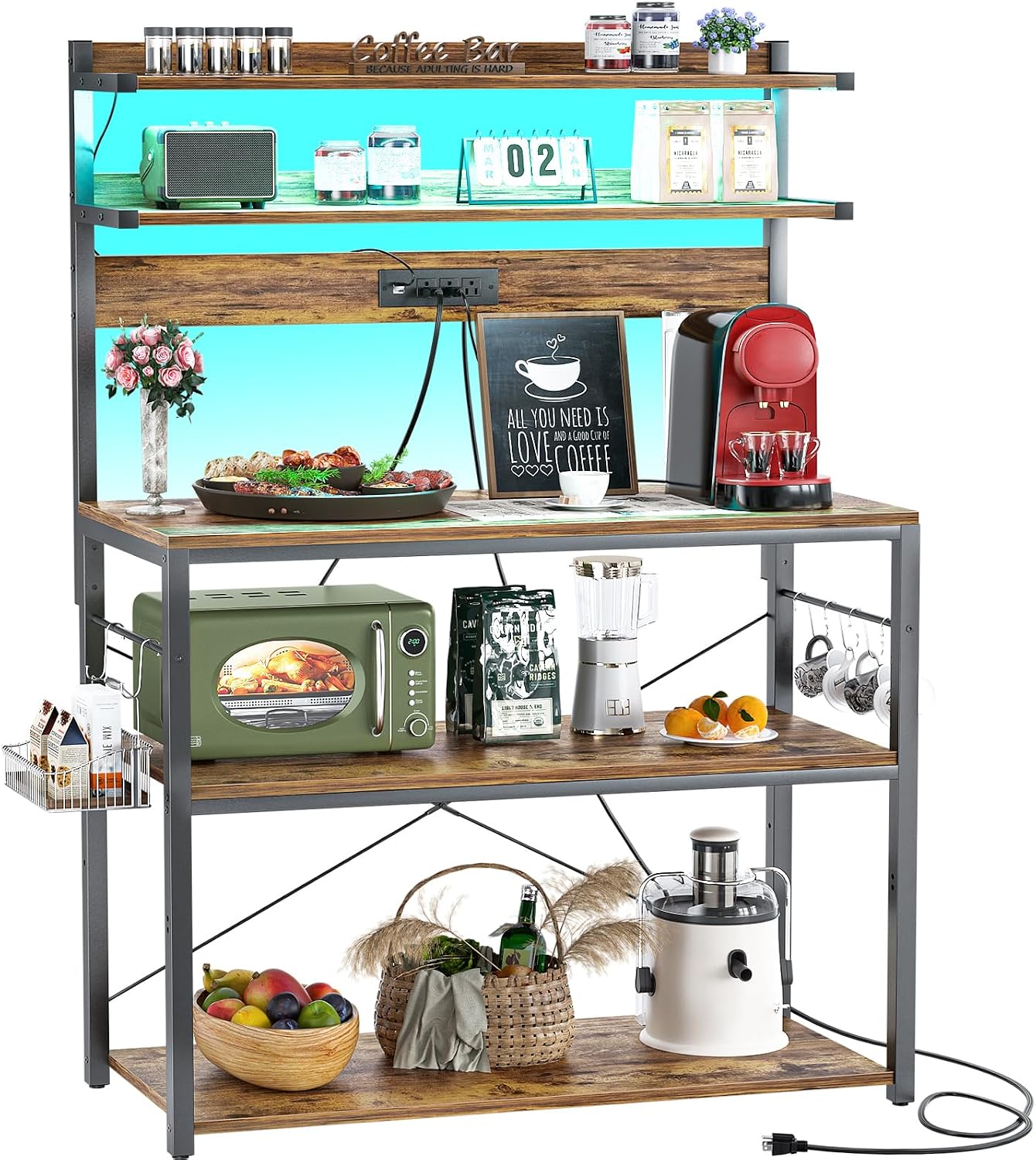 Aheaplus Bakers Rack with Power Outlet, Microwave Stand, 5 Tiers Coffee Bar Station with Led Lights, Kitchen Storage Shelf with 6 S-shaped Hooks, Kitchen Rack Coffee Bar Stand, Rustic Brown