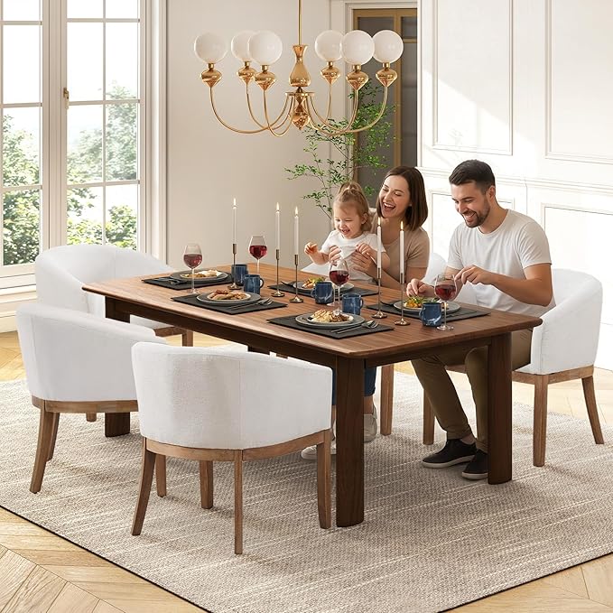 SoarFlash Mid Century Modern Upholstered Barrel Dining Chairs Set of 6, Farmhouse Linen Kitchen and Dining Room Chairs, with Natural Hardwood Frame (Beige)