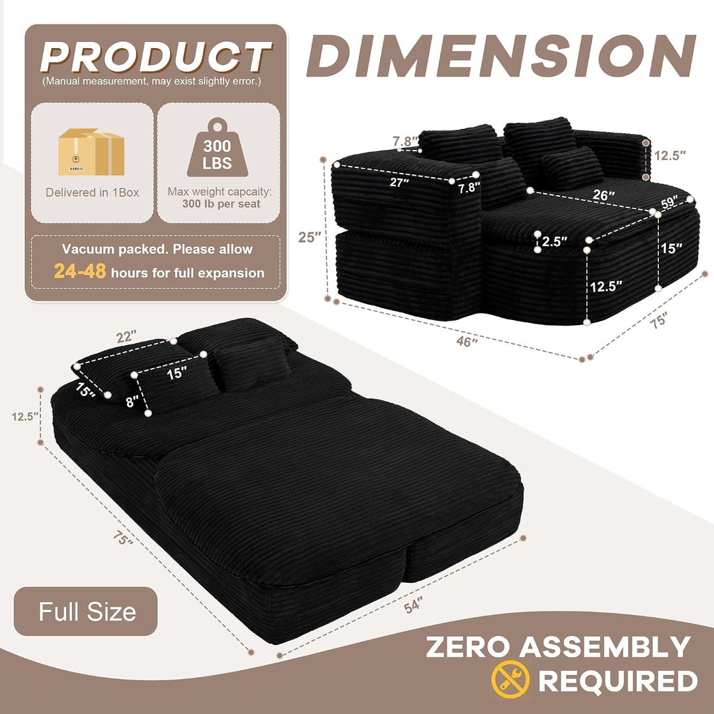 75'' Folding Sleeper Sofa Bed, Memory Foam Boneless Couch | Full Size Guest Bed Mattress, Modern 2-in-1 Floor Deep Seat Sleeper Sofa with 4 Pillows and Blanket | Corduroy Black