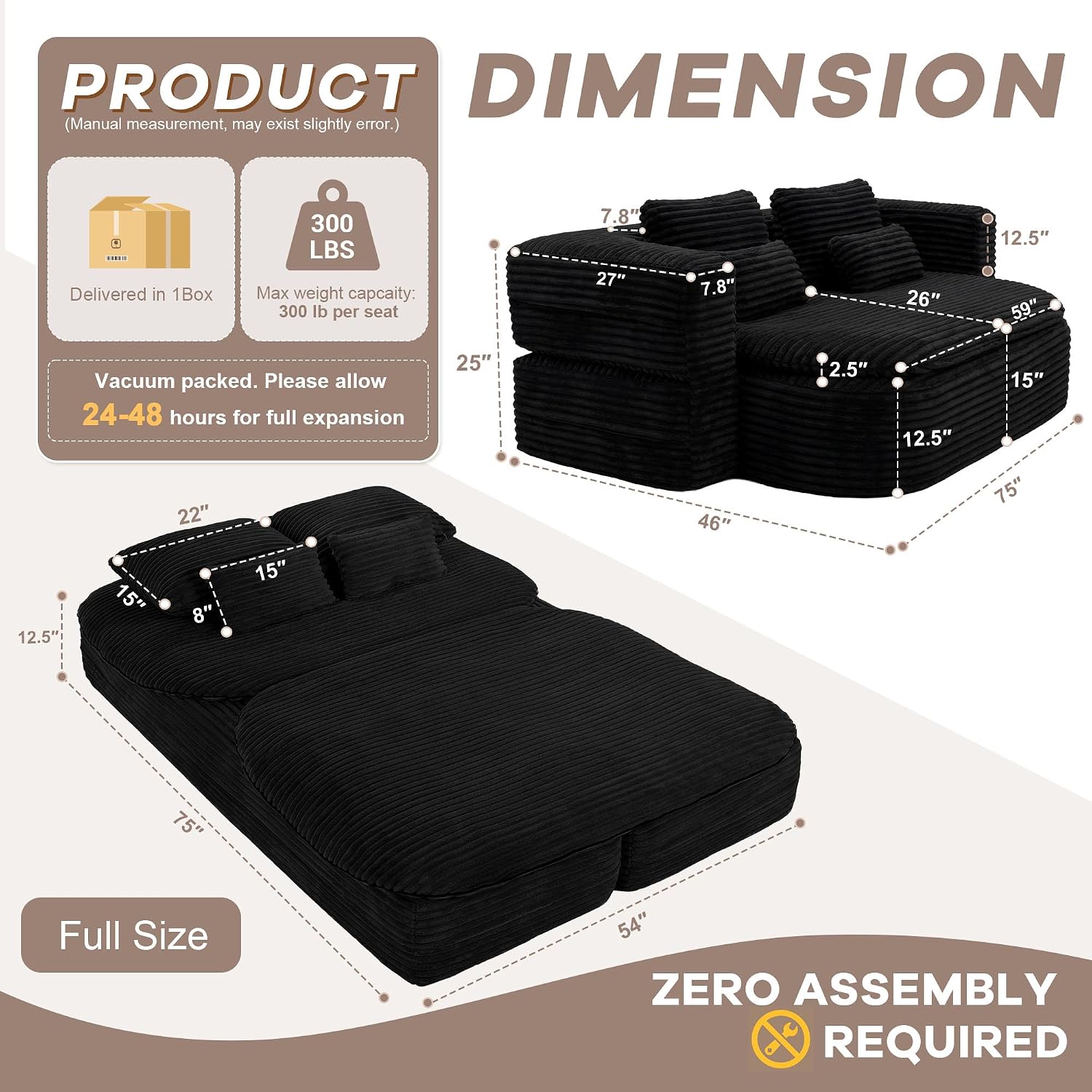 75'' Folding Sleeper Sofa Bed, Memory Foam Boneless Couch | Full Size Guest Bed Mattress, Modern 2-in-1 Floor Deep Seat Sleeper Sofa with 4 Pillows and Blanket | Corduroy Black