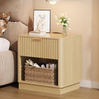 Fluted Nightstand with Charging Station Modern Bedside Table with Drawer and Open Shelf Mid Century End Table with Storage for Bedroom Living Room Sofa Office