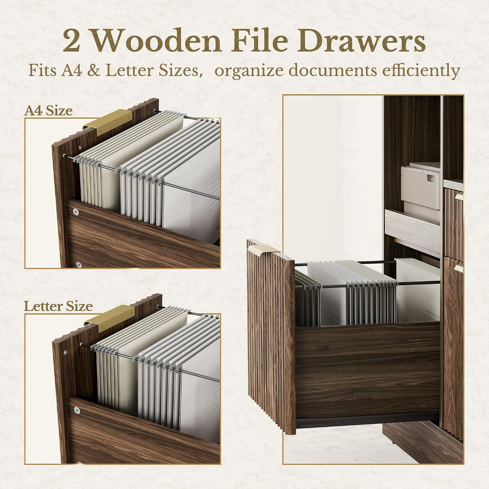 3 Drawer File Cabinet, Fluted Wood Lateral Filing Cabinet with Charging Stati...