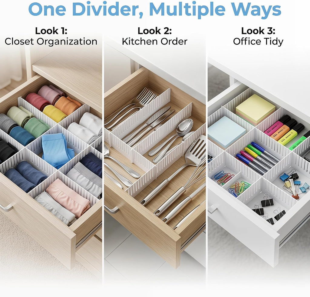 Adjustable Plastic Drawer Separators, 15 PCS Dividers + 25 Connectors, 14.96" Length x 4.33" Height, Cuttable Storage Organizer for Socks, Garments, Kitchen Tools, Bedroom & Bathroom Drawers
