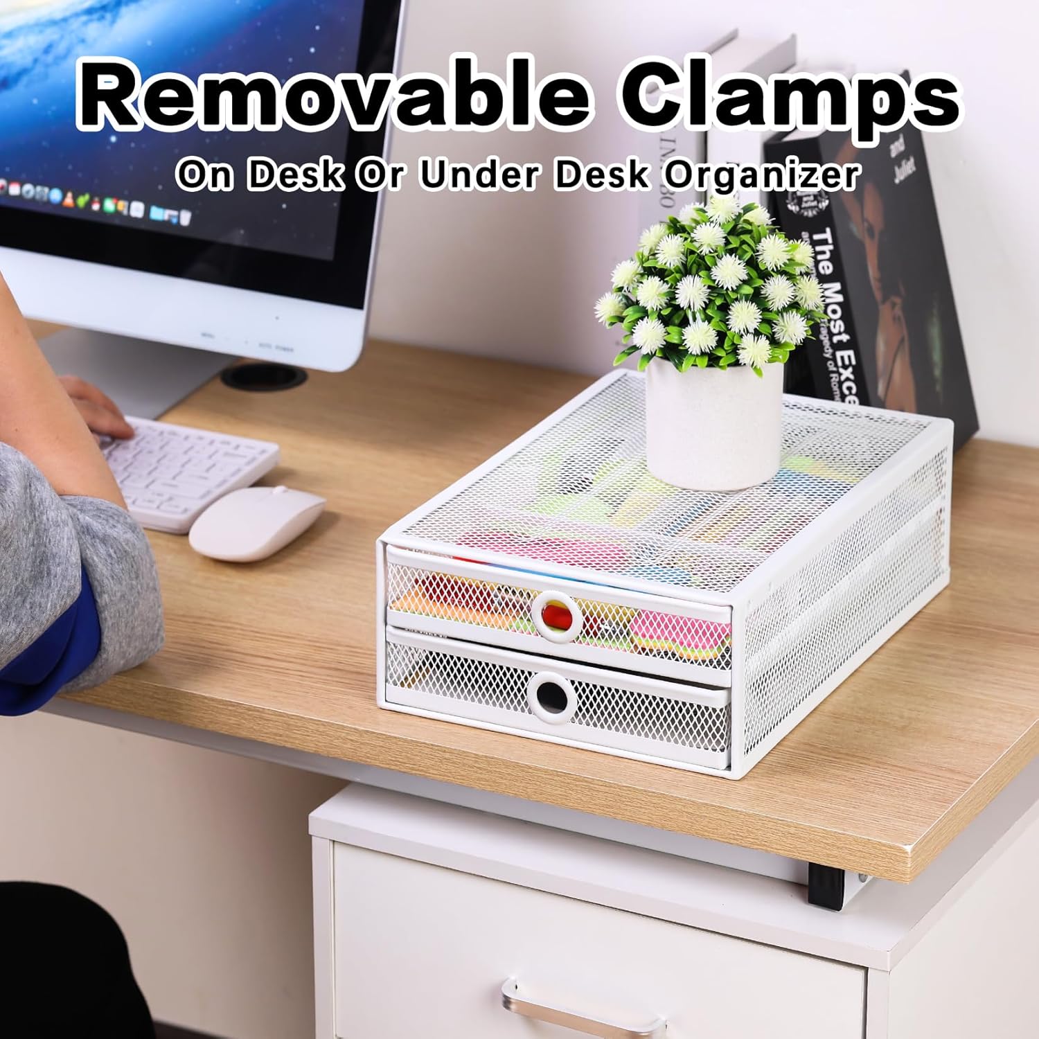 ROSYLINE Under Desk & Desktop Drawer Organizer - 2-Tier Metal Slide Out Drawers Organizer, Storage for Home Office Desk (White)