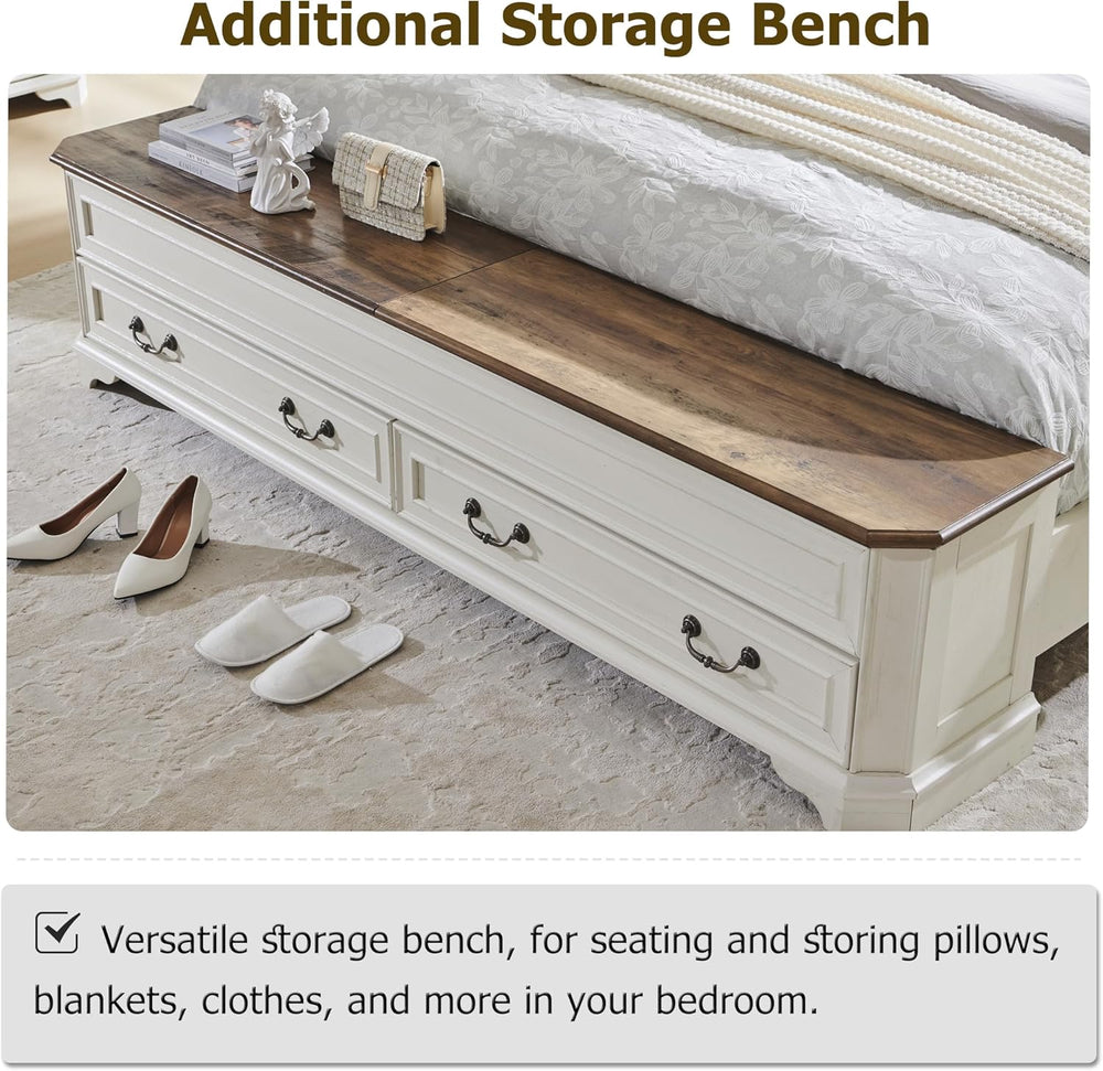 T4TREAM Farmhouse King Bed with Headboard and Storage Bench, Antique White