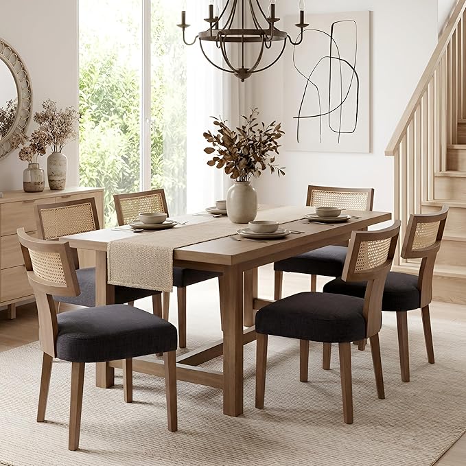 HNY Mid Century Modern Rattan Dining Chairs Set of 6, Farmhouse Linen Upholstered Accent Chair Curved Backrest Kitchen Chairs, with Hardwood Frame, Charcoal
