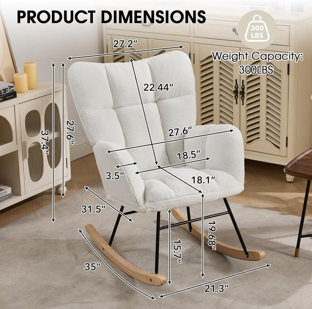 Nursery Rocking Chair, Teddy Upholstered Glider Chair with Thick Cushion, Tufted Gliding Rocker Chair with Wood Leg, Cozy Rocking Armchair, Accent Rocking Chair for Living Room (Ivory)