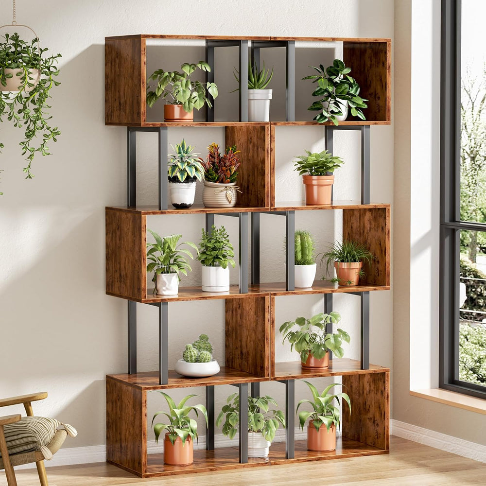 Furologee 6 Tier Bookshelf, S Shaped Geometric Bookcase, Rustic Brown
