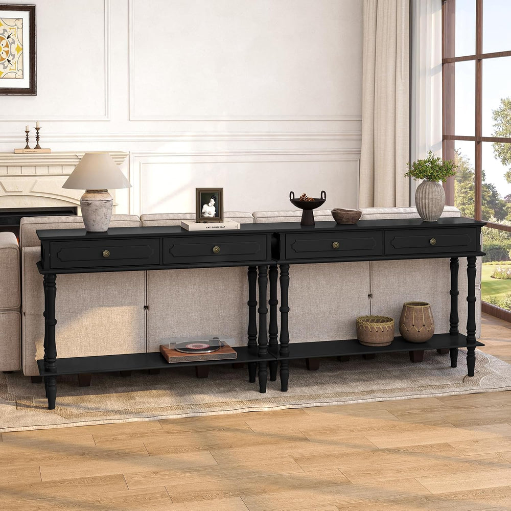 Console Table with 2 Drawers&Open Shelf, Black Retro Entryway Table | Dec...