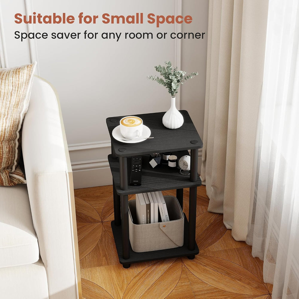 3-Tier Black End Tables Set of 2, Engineered Wood Small Side Tables with Stor...