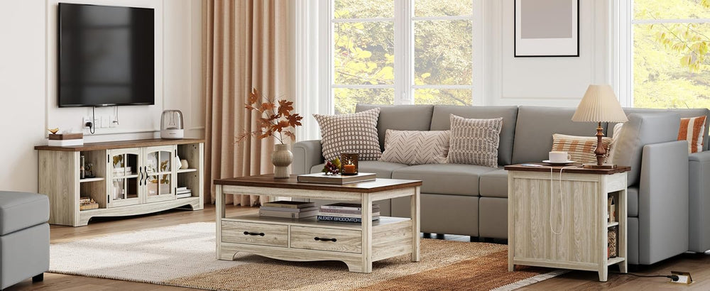 LINSY HOME Living Room Table Sets 4 Piece with TV Stand, Farmhouse TV Stand f...
